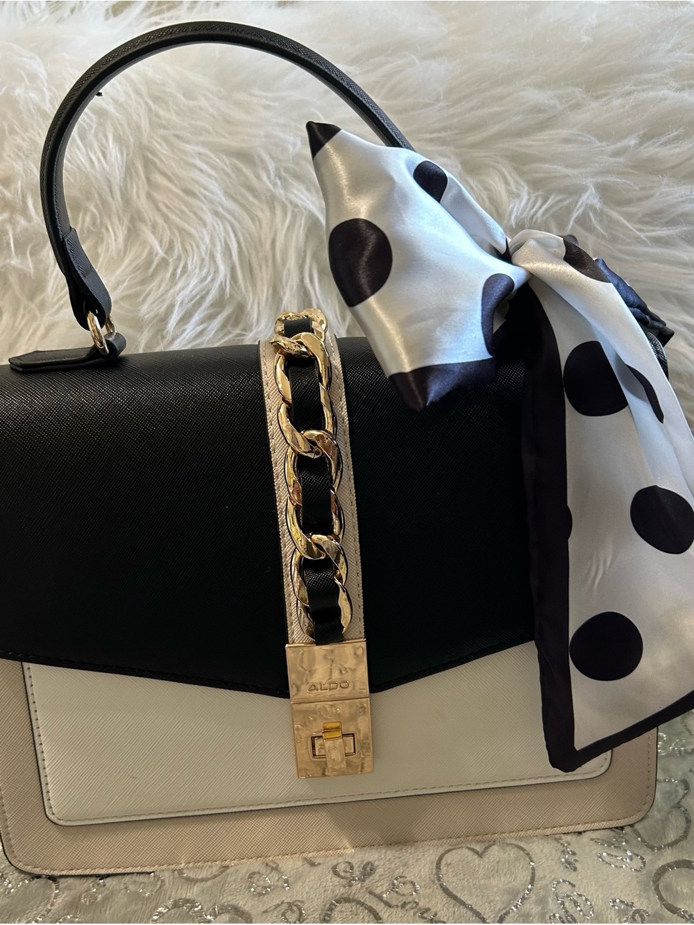 NWT Aldo, Medium, Black and Cream Top-Handle Satchel with Gold Chain Accent